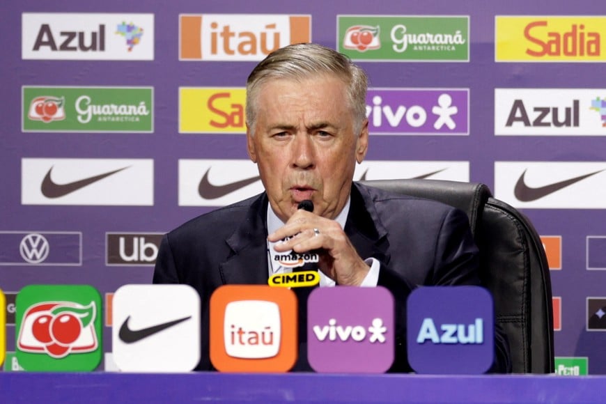 Soccer Football - FIFA World Cup 2026 - Brazil coach Carlo Ancelotti speaks to media ahead of the World Cup - Museu do Amanha, Rio de Janeiro, Brazil - May 18, 2026
Brazil coach Carlo Ancelotti during the press conference REUTERS/Ricardo Moraes