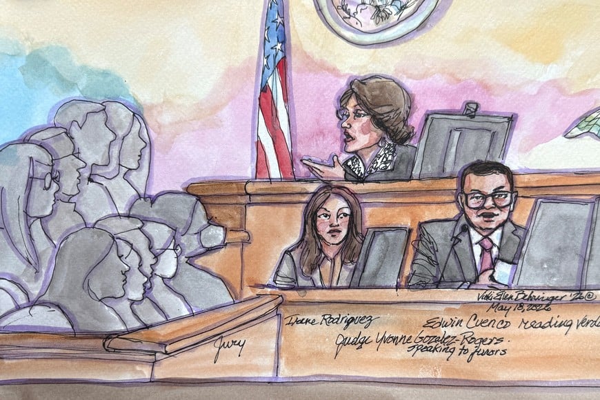 Designated courtroom deputy Edwin Cuenco reads the verdict before U.S. District Judge Yvonne Gonzalez Rogers at Elon Musk's lawsuit trial over OpenAI's for-profit conversion at a federal courthouse in Oakland, California, U.S., May 18, 2026 in a courtroom sketch.  REUTERS/Vicki Behringer.  NO RESALES. NO ARCHIVES