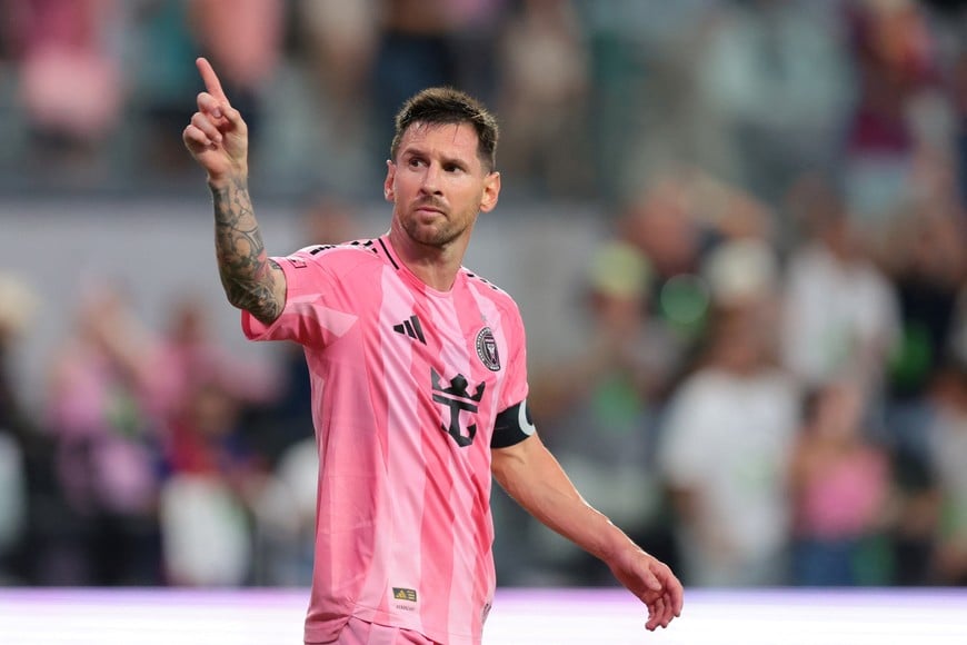May 17, 2026; Miami, Florida, USA; Inter Miami CF forward Lionel Messi (10) reacts to chants from the fans to Inter Miami CF players against the Portland Timbers during the second half at Nu Stadium. Mandatory Credit: Sam Navarro-Imagn Images
