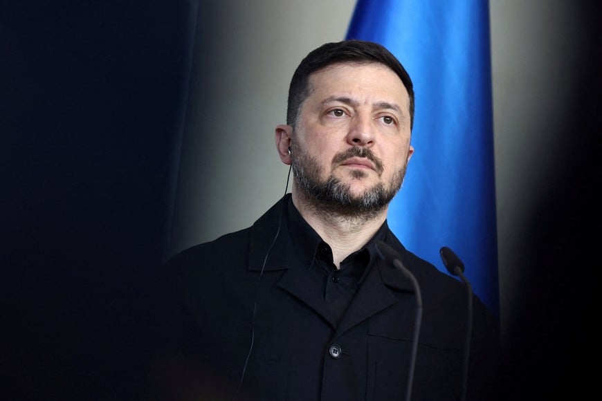 Ukrainian President Volodymyr Zelenskiy attends a press conference with German Chancellor Friedrich Merz (not pictured) on the day of the German-Ukrainian government consultations at the Chancellery in Berlin, Germany, April 14, 2026. REUTERS/Liesa Johannssen TPX IMAGES OF THE DAY