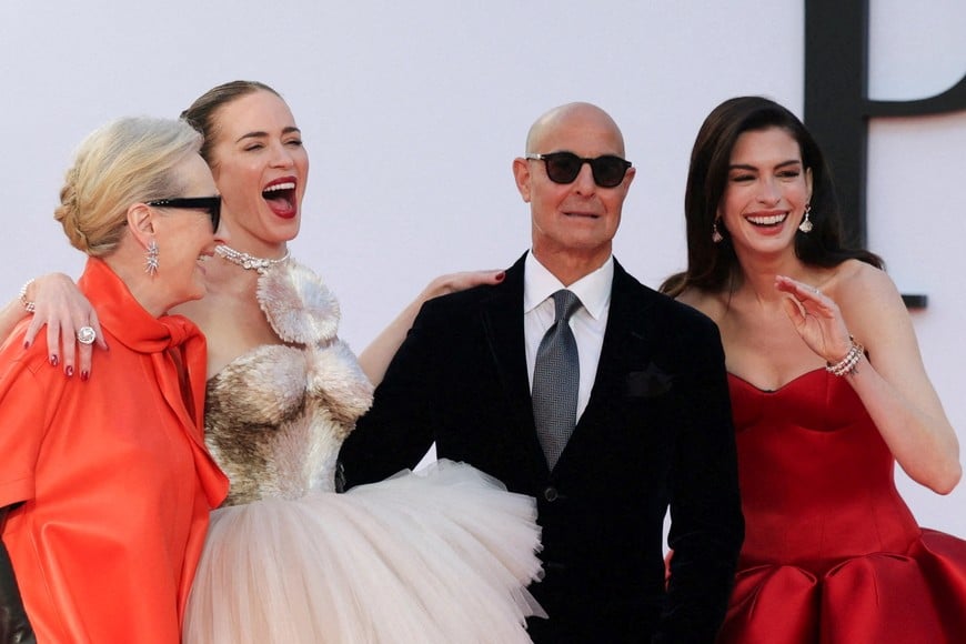 Anne Hathaway, Meryl Streep, Emily Blunt and Stanley Tucci attend the red carpet for the premiere of "The Devil Wears Prada 2" in New York City, U.S., April 20, 2026. REUTERS/Jeenah Moon REFILE - QUALITY REPEAT TPX IMAGES OF THE DAY