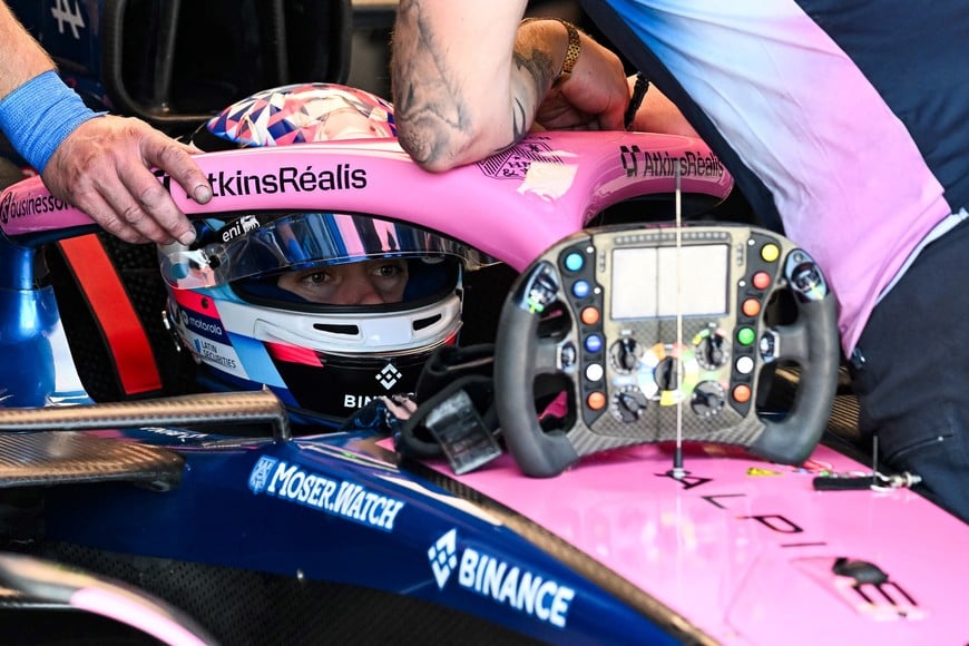 Jun 14, 2025; Montreal, Quebec, Canada; Alpine driver Franco Colapinto (43) looks on during FP3 practice at Circuit Gilles-Villeneuve. Mandatory Credit: David Kirouac-Imagn Images