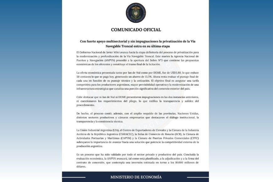 La apertura de ofertas económicas marcó el tramo final de la licitación de la Hidrovía.