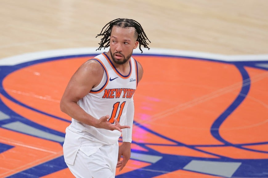 May 19, 2026; New York, New York, USA; New York Knicks guard Jalen Brunson (11) reacts during the fourth quarter of game one of the eastern conference finals during the 2026 NBA playoffs against the Cleveland Cavaliers at Madison Square Garden. Mandatory Credit: Brad Penner-Imagn Images
