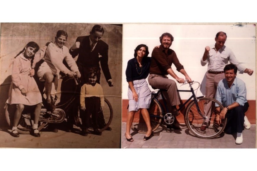 Los hermanos Catania, en sus primeros años y recreando la pose varios años después: María Azucena, Alfredo (“Pato”), Carlos y Luis María (“Lucho”)