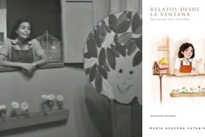 Aquella ventanita de “El mundo de María Azucena”, y la estilización hecha por Teté Cirigliano para la portada de “Relatos desde la ventana”. Foto: Archivo El Litoral / Gentileza Niña Pez Ediciones