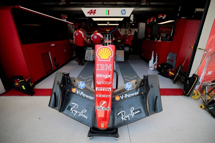 Formula One F1 - Miami Grand Prix - Miami International Autodrome, Miami, Florida, United States - May 1, 2026
The car of Ferrari's Lewis Hamilton in the garage ahead of practice REUTERS/Brian Snyder
