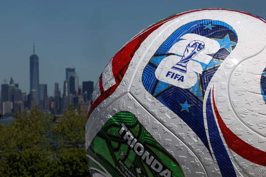 FILE PHOTO: A blow up soccer ball of the Trionda, the official match ball of the FIFA World Cup 2026, stands during a press conference announcing an official fan zone for the area in New York City, U.S., April 27, 2026. REUTERS/Shannon Stapleton/File Photo