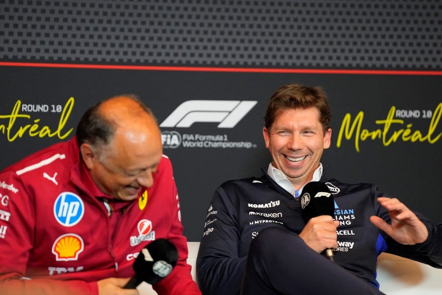 Formula One F1 - Canadian Grand Prix - Circuit Gilles Villeneuve, Montreal, Quebec, Canada - June 13, 2025
Ferrari team principal Frederic Vasseur and Williams team prinicpal James Vowles during a press conference REUTERS/Mathieu Belanger