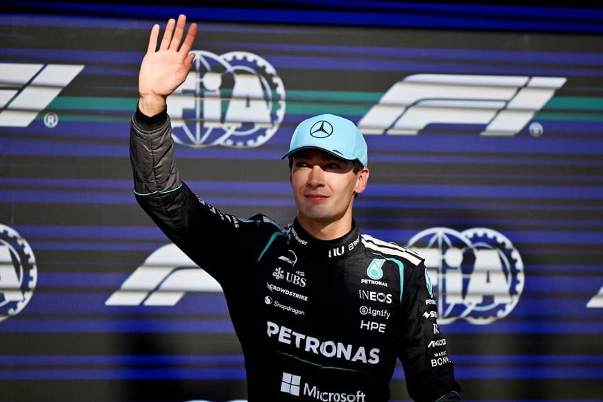 Formula One F1 - Canadian Grand Prix - Circuit Gilles Villeneuve, Montreal, Quebec, Canada - May 22, 2026
Mercedes' George Russell celebrates after qualifying in pole position for the sprint race REUTERS/Jennifer Gauthier