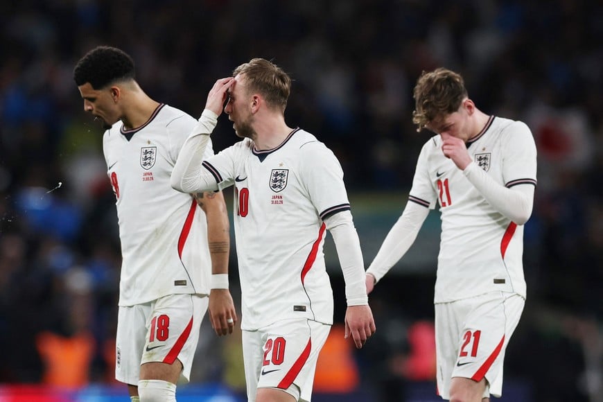 Soccer Football - International Friendly - England v Japan - Wembley Stadium, London, Britain- March 31, 2026
England's Dominic Solanke, Jarrod Bowen and James Garner look dejected after the match Action Images via Reuters/Paul Childs