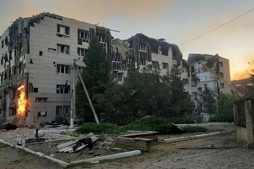 A destroyed dormitory building of the Starobilsk College of Luhansk Pedagogical University following an overnight attack, what Russian-installed authorities called a Ukrainian drone strike, in the course of the Russia-Ukraine conflict in the town of Starobilsk (Starobelsk) in the Luhansk region, a Russian-controlled area of Ukraine, May 22, 2026. Leonid Pasechnik, head of the Russian-controlled parts of the Luhansk Region/Handout via REUTERS ATTENTION EDITORS - THIS IMAGE WAS PROVIDED BY A THIRD PARTY. NO RESALES. NO ARCHIVES. MANDATORY CREDIT.