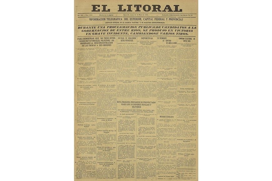 Tapa de la edición del 24 de mayo de 1926 de diario El Litoral.