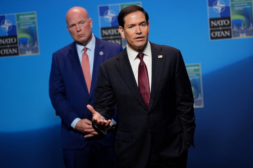 United States Secretary of State Marco Rubio speaks with journalists during a meeting of NATO foreign ministers in Helsingborg, Sweden, Friday, May 22, 2026. Julia Demaree Nikhinson/Pool via REUTERS