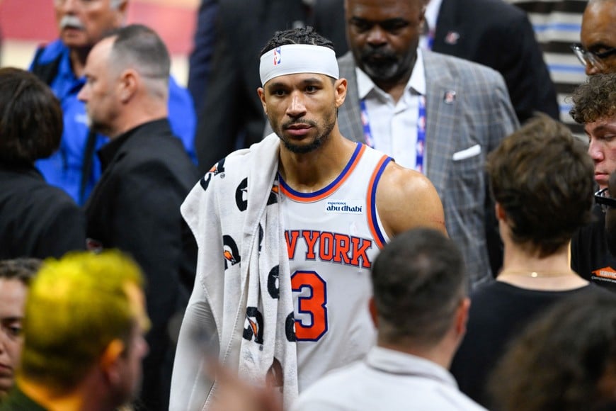 May 23, 2026; Cleveland, Ohio, USA; New York Knicks forward Josh Hart (3) looks on after defeating the Cleveland Cavaliers in game three of the eastern conference finals for the 2026 NBA playoffs at Rocket Arena. Mandatory Credit: David Richard-Imagn Images