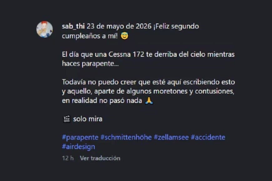 Sabrina aterrizó en una zona forestal y sufrió solamente lesiones leves.