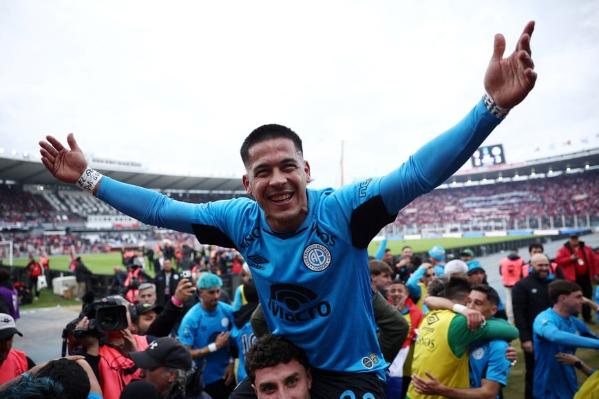 Soccer Football - Argentina Primera Division - Torneo Apertura - Final - River Plate v Belgrano - Mario Alberto Kempes Stadium, Cordoba, Argentina - May 24, 2026
Belgrano's Nicolas Fernandez celebrates after winning the Torneo Apertura REUTERS/Agustin Marcarian