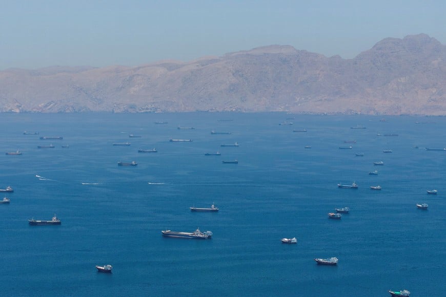 A drone view shows vessels sailing through the Strait of Hormuz, as seen from Musandam, Oman, May 25, 2026. REUTERS/Stringer TPX IMAGES OF THE DAY