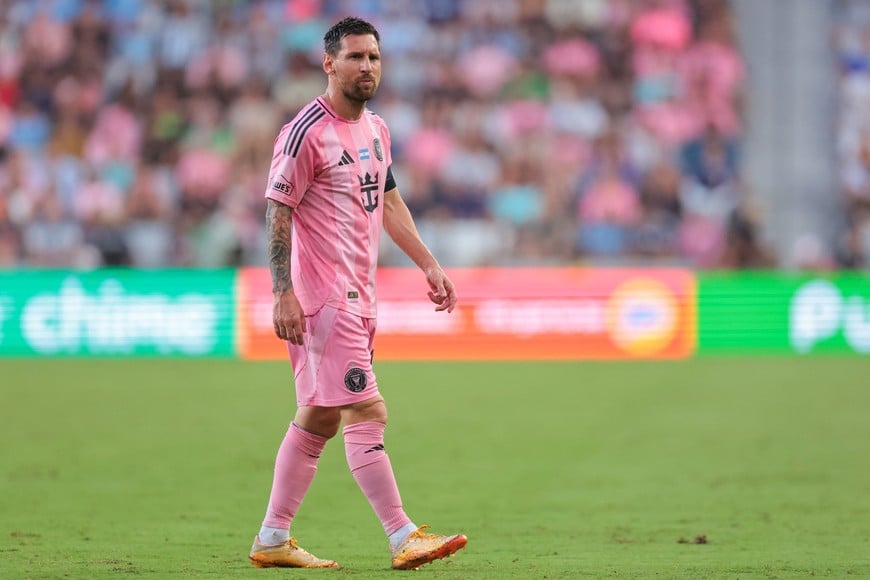May 24, 2026; Miami, Florida, USA; Inter Miami CF forward Lionel Messi (10) looks on against the Philadelphia Union during the first half at Nu Stadium. Mandatory Credit: Sam Navarro-Imagn Images