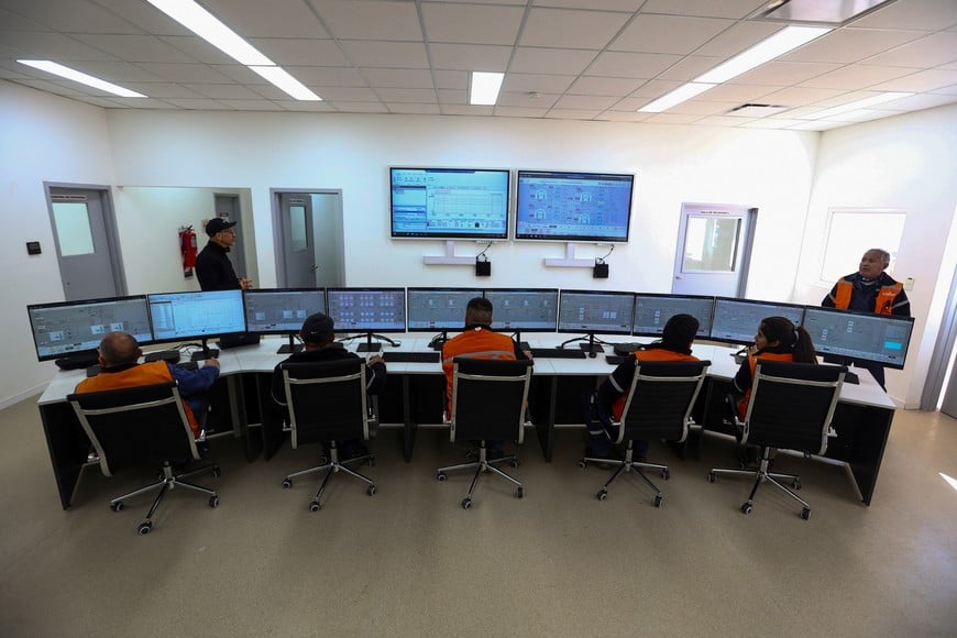 Workers monitor plant process at the Eramet's lithium production plant at Salar Centenario in Salta, Argentina July 4, 2024. REUTERS/Matias Baglietto