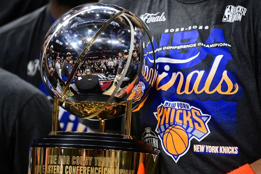 May 25, 2026; Cleveland, Ohio, USA; A detailed view of the 2026 Eastern Conference trophy after the New York Knicks defeat the Cleveland Cavaliers in game four of the eastern conference finals for the 2026 NBA playoffs at Rocket Arena. Mandatory Credit: Ken Blaze-Imagn Images