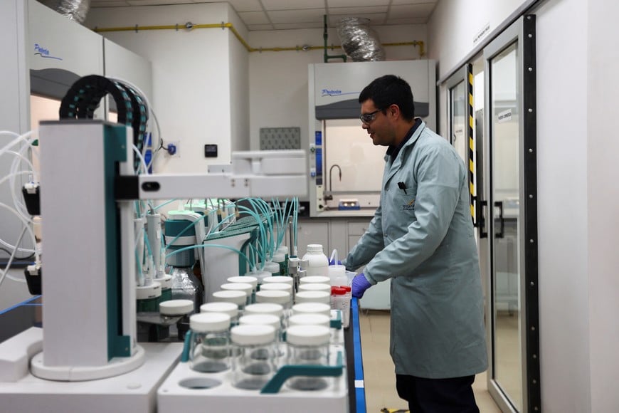 An employee works in a laboratory at the Eramet's lithium production plant at Salar Centenario in Salta, Argentina July 4, 2024. REUTERS/Matias Baglietto