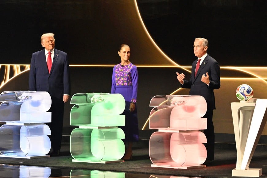Soccer Football - FIFA World Cup 2026 - FIFA World Cup 2026 Draw - John F. Kennedy Center for the Performing Arts, Washington, D.C., U.S. - December 5, 2025
U.S. President Donald Trump, Mexico's President Claudia Sheinbaum and Canada's Prime Minister Mark Carney during the draw Pool via REUTERS/Mandel Ngan