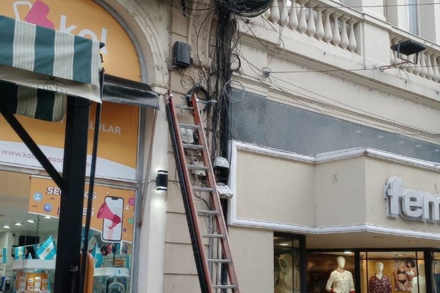 Con escaleras y con mucho cuidado, el retiro de los cables. El Litoral.