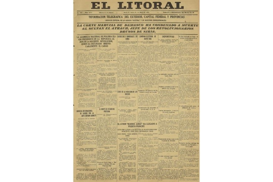 La portada completa de la edición del 31 de mayo de 1926 de diario El Litoral.