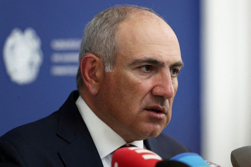 FILE PHOTO: Armenia's Prime Minister Nikol Pashinyan speaks to the media after a military parade marking Republic Day in Yerevan, Armenia May 28. 2026. Vahram Baghdasaryan/Photolure via REUTERS ATTENTION EDITORS - THIS IMAGE HAS BEEN SUPPLIED BY A THIRD PARTY.//File Photo