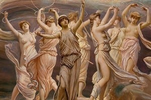 "Las Pléyades" (1885). Es la obra maestra del pintor simbolista estadounidense Elihu Vedder. Óleo sobre lienzo de 61,3 centímetros por 95,6, que se encuentra en la colección permanente del Metropolitan Museum of Art de Nueva York.