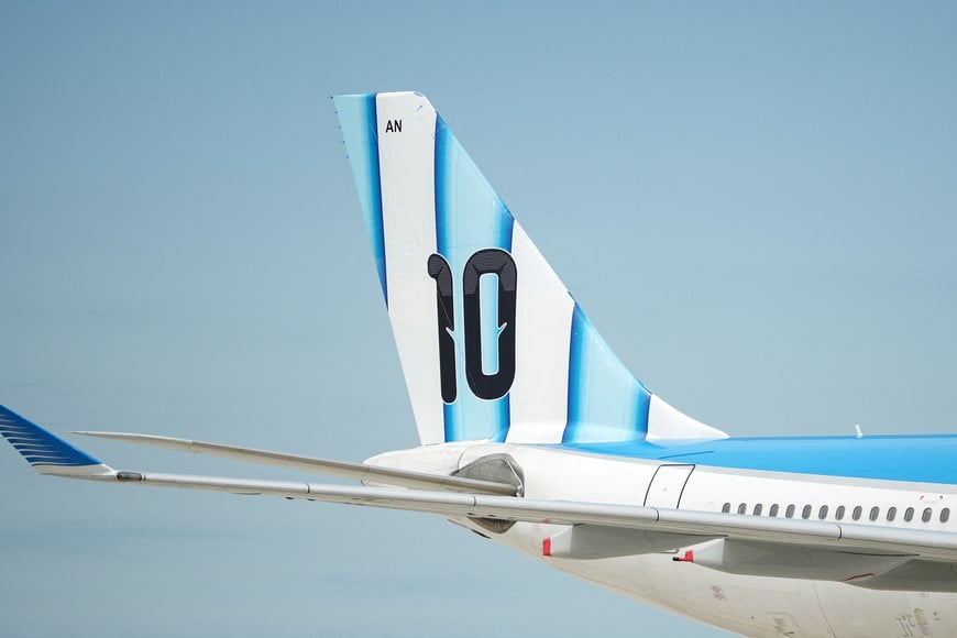May 31, 2026; Kansas City, Missouri, USA; A detail view of the tail of the Argentina men's national team plane as it arrives for the 2026 FIFA World Cup at Kansas City International Airport. Mandatory Credit: Denny Medley-Imagn Images