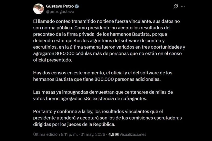 Petro no reconoce los resultados de Colombia.