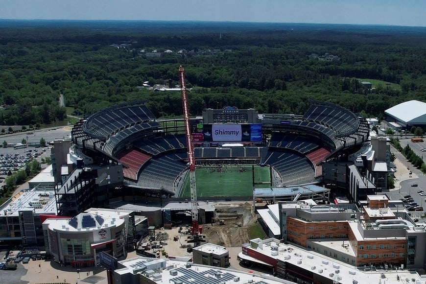 FILE PHOTO: Gillette Stadium, home of the New England Revolution soccer team and the New England Patriots NFL football team, is pictured in Foxborough, Massachusetts, U.S., June 10, 2022. Picture taken with a drone. REUTERS/Brian Snyder/File Photo. The Gillette Stadium is to host matches during the FIFA World Cup in 2026.