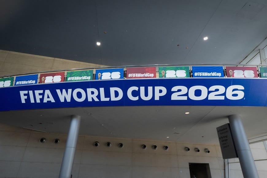 Jun 1, 2026; Dallas, Texas, USA; Interior signage World Cup signage during the grand opening of the 2026 FIFA World Cup international broadcast center at Kay Bailey Hutchison Convention Center. Mandatory Credit: Raymond Carlin III-Imagn Images