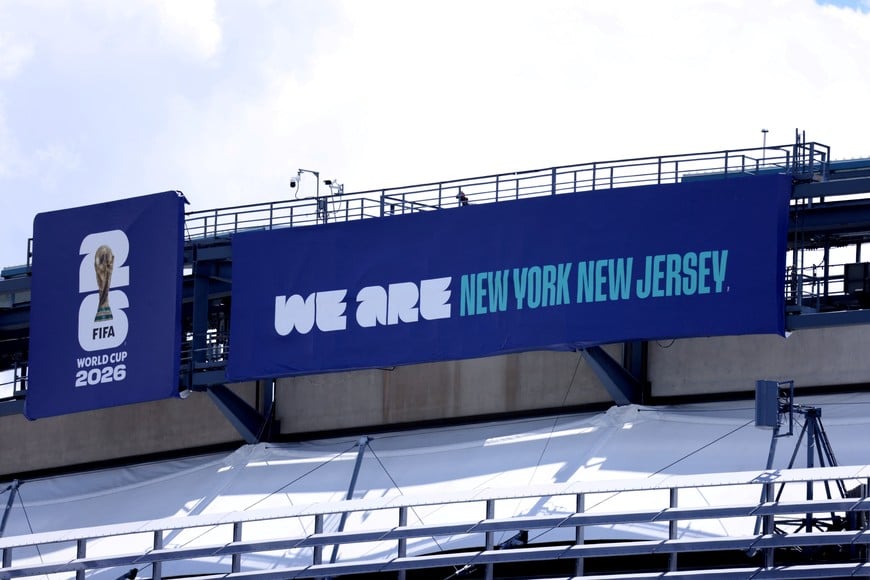 A sign on the exterior of MetLife Stadium, temporarily renamed New York New Jersey Stadium, which will host 8 FIFA World Cup 2026 matches, including the World Cup Final, in East Rutherford, New Jersey, U.S., June 1, 2026. REUTERS/Mike Segar