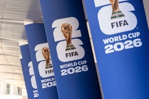 Jun 1, 2026; Dallas, Texas, USA; Exterior signage World Cup signage during the grand opening of the 2026 FIFA World Cup international broadcast center at Kay Bailey Hutchison Convention Center. Mandatory Credit: Raymond Carlin III-Imagn Images