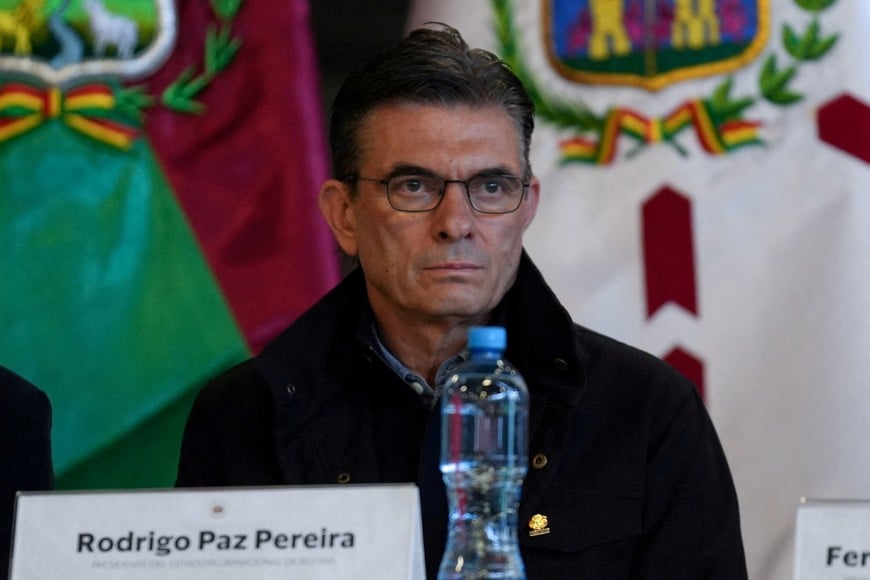 FILE PHOTO: Bolivia's President Rodrigo Paz attends a meeting seeking dialogue with different social sectors as anti-government protests have escalated in the early months of his administration, triggering shortages of food, fuel and medicines, in La Paz, Bolivia, May 27, 2026. REUTERS/Sara Aliaga/File Photo