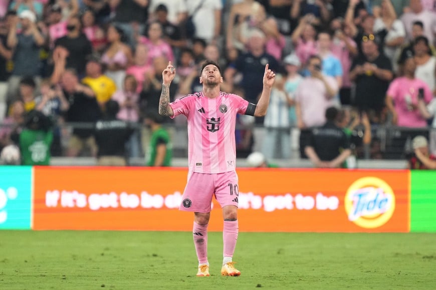 May 2, 2026; Miami, Florida, USA; Inter Miami CF midfielder Lionel Messi (10) celebrates a goal during the first half against Orlando City SC at Miami Freedom Park. Mandatory Credit: Jim Rassol-Imagn Images