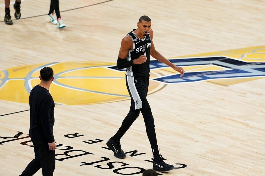 Jun 3, 2026; San Antonio, Texas, USA; San Antonio Spurs forward Victor Wembanyama (1) walks back up the court during the fourth quarter during game one against the New York Knicks of the 2026 NBA Finals at Frost Bank Center. Mandatory Credit: Daniel Dunn-Imagn Images