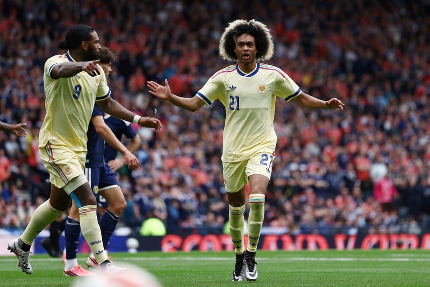 Soccer Football - International Friendly - Scotland v Curacao - Hampden Park, Glasgow, Scotland, Britain - May 30, 2026
Curacao's Tahith Chong celebrates scoring their first goal Action Images via Reuters/Lee Smith