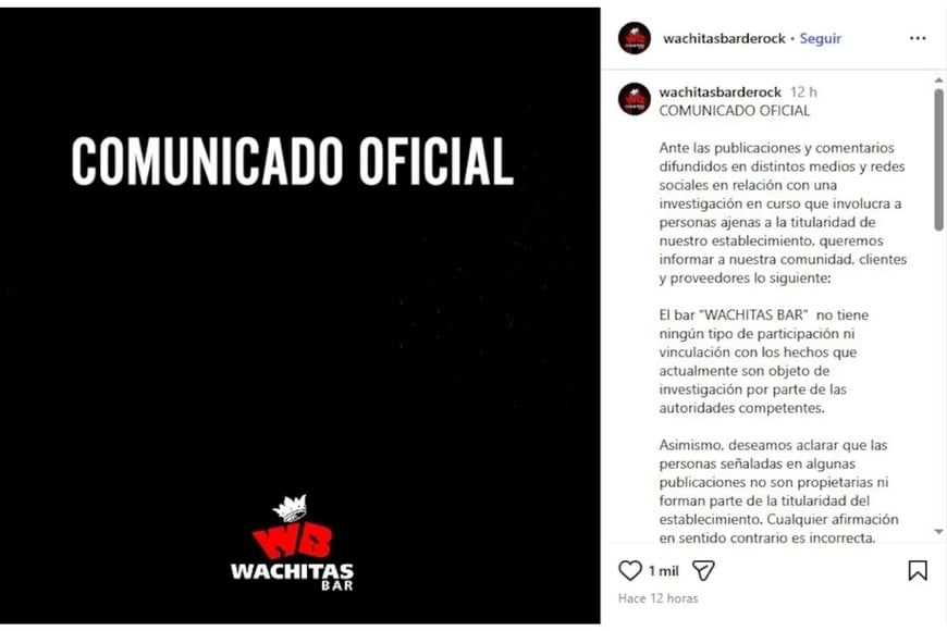 El comunicado de Wachitas Bar.