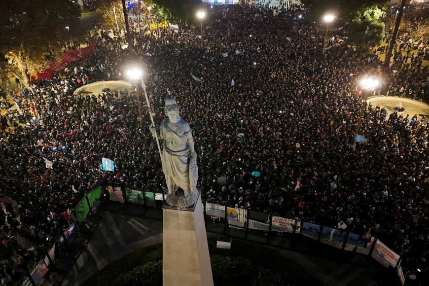 A drone view of fans of Argentine singer Carlos Alberto Solari, also known as Indio Solari, gathering at Plaza de Mayo for a tribute, on the day of his death, in Buenos Aires, Argentina, June 5, 2026. REUTERS/Matias Baglietto