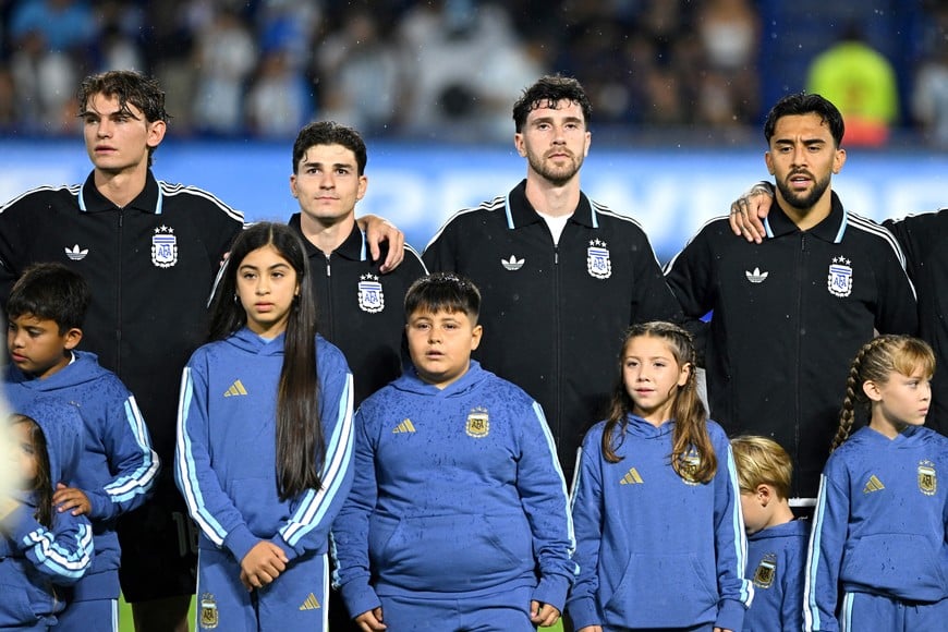 Soccer Football - International Friendly - Argentina v Mauritania - Estadio La Bombonera, Buenos Aires, Argentina - March 27, 2026
Argentina's Nico Paz, Julian Alvarez, Marcos Senesi and Nicolas Gonzalez before the match REUTERS/Rodrigo Valle