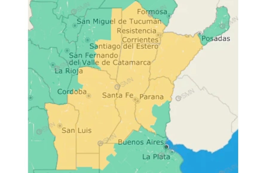 Las zonas bajo alerta amarilla según el SMN.