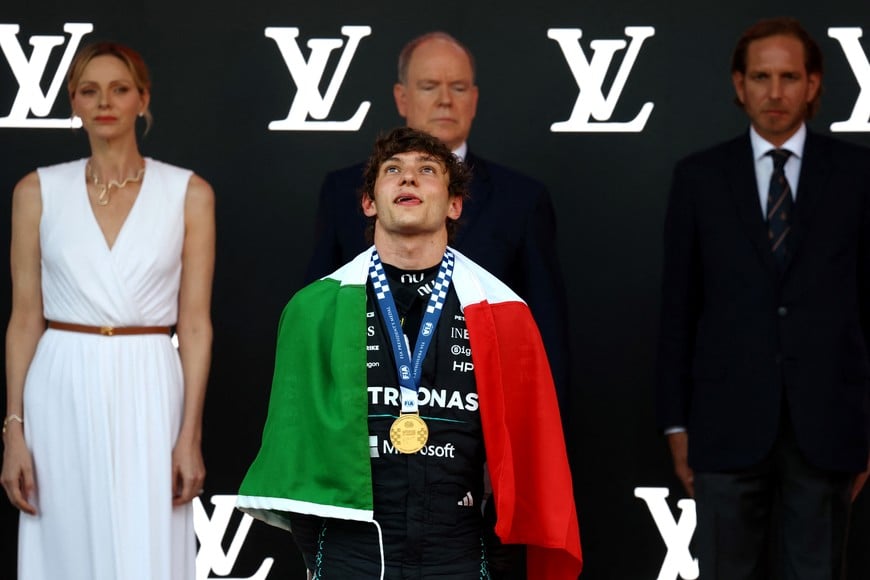 Formula One F1 - Monaco Grand Prix - Circuit de Monaco, Monaco - June 7, 2026
Mercedes' Andrea Kimi Antonelli celebrates on the podium after winning the Monaco Grand Prix REUTERS/Yves Herman