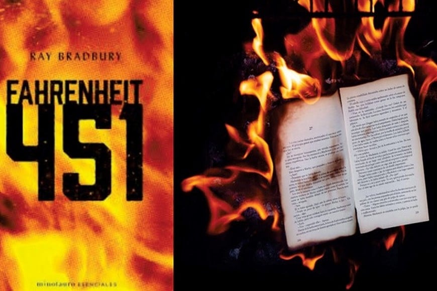 Tapa y contratapa de una de las ediciones en español de la obra de Ray Bradbury aquí descripta: "Fahrenheit 451".