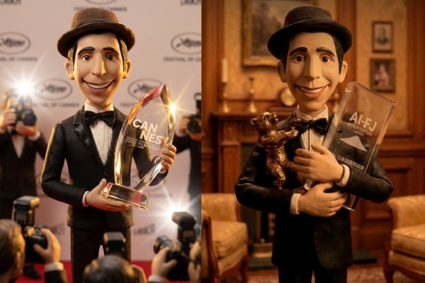 “El día que me quieras: El viaje de Gardel”: El Gardel animado, sosteniendo por un lado el premio de la Cannes International Film Week; en la siguiente imagen, los del AI Film Festival Japan y el Berlin Kiez Film Festival.