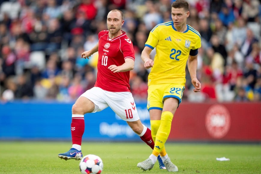 Soccer Football - International Friendly - Denmark v Ukraine - Odense, Denmark - June 7, 2026
Denmark's Christian Eriksen in action with Ukraine's Mykola Matviyenko during the match before he later collapsed on the pitch
Bo Amstrup/Ritzau Scanpix via REUTERS
ATTENTION EDITORS - THIS IMAGE WAS PROVIDED BY A THIRD PARTY. DENMARK OUT. NO COMMERCIAL OR EDITORIAL SALES IN DENMARK.