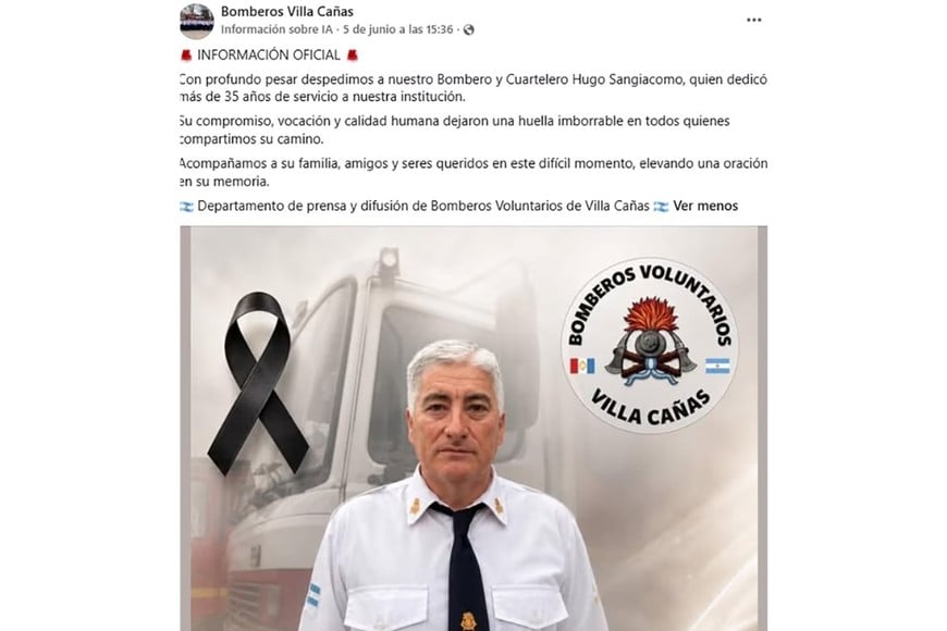 Hugo Sangiacomo, bombero retirado, también murió en la colisión.
